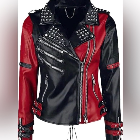 Studded Red and Black Faux Leather Moto Jacket - Picture 2 of 8